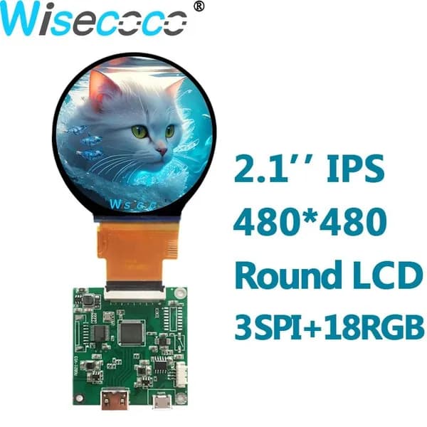 Wisecoco Монитор 2.1" круглый LCD дисплей 480X480 с платой управления, панель для пультов умного дома, интеллектуальных роботов и автомобильных измерительных щитов (TOP021R01L), TFT, 60 Гц, хаки