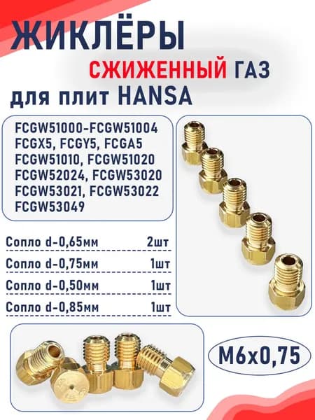 Комплект жиклеров (сопел) ПГ "Hansa" мод. FCGX5, FCGY5, FCGA5... (сжиженный газ) М6х0,75