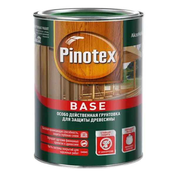 Антисептический грунт для древесины pinotex base бесцветный 0,9 л наружные работы, от плесени и синевы, глубокая пропитка, защита дерева перед покраской и отделкой