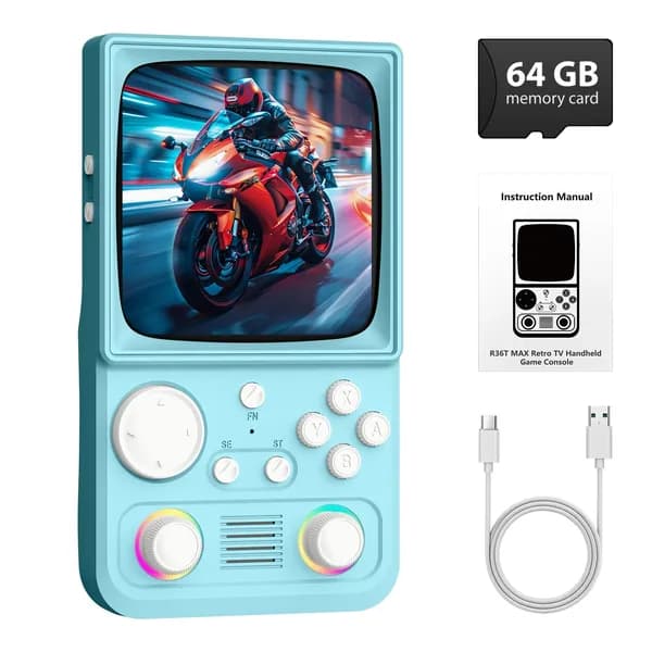AISLPC Игровая консоль R36T MAX, 4,0-дюймовый ЭЛТ-экран в стиле ретро, 4000 мАч,64G, поддержка Wi-Fi,светло-голубой