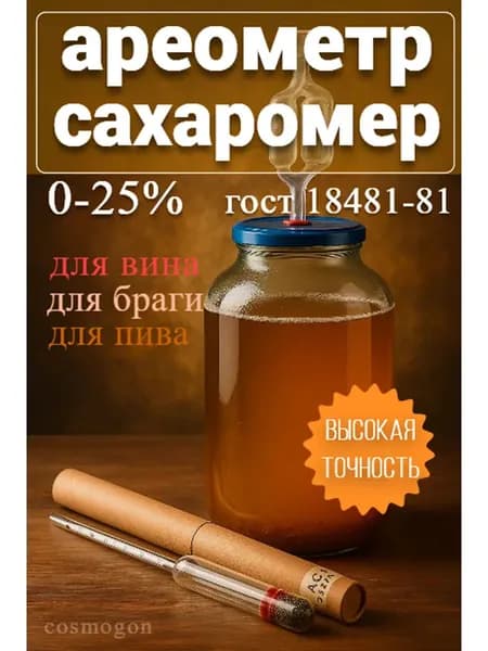 Ареометр - сахарометр АС-3 19 см. Для измерения плотности и содержания алкоголя в вине, браге, пиве. (Виномер / сахаромер)