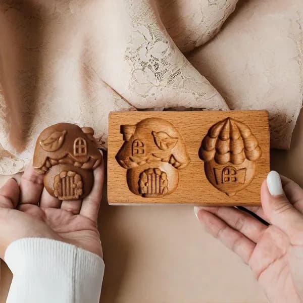 деревянная форма для печенья из бука, лесной домик (2 отверстия), 13x8 см