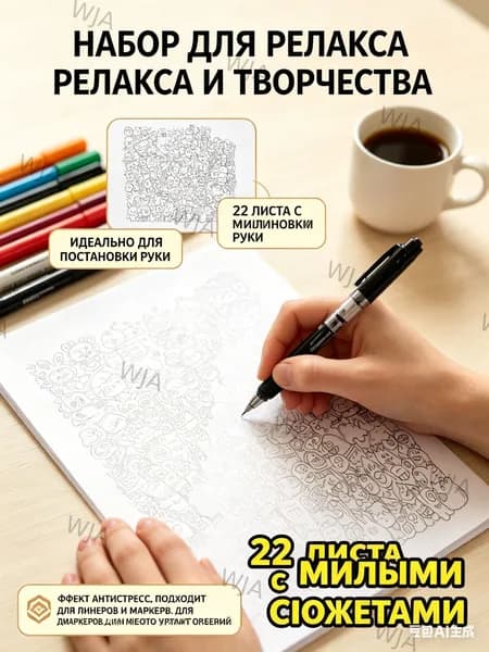 Набор для рисования и тренировки постановки руки, раскраска антистресс листы для срисовывания и дудлинга, 22 штуки, милые контуры для хобби и творчества
