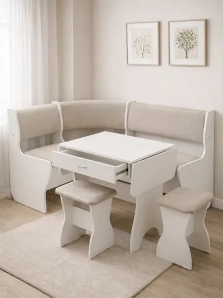 Мир Мебели Кухонный уголок,135x51x82 см, белый, светло-бежевый