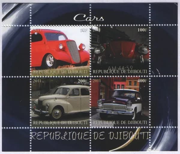 Джибути 2011 Автомобили, сувенирный лист с 4 марками Ретро автомобили 2 (MNH)