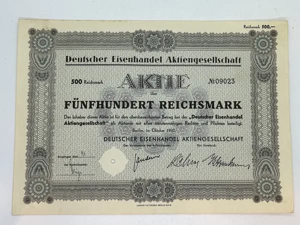 Ценная бумага Германия. Производство и торговля железом Deutscher Eisenhandel AG, 500 марок 1932 №85