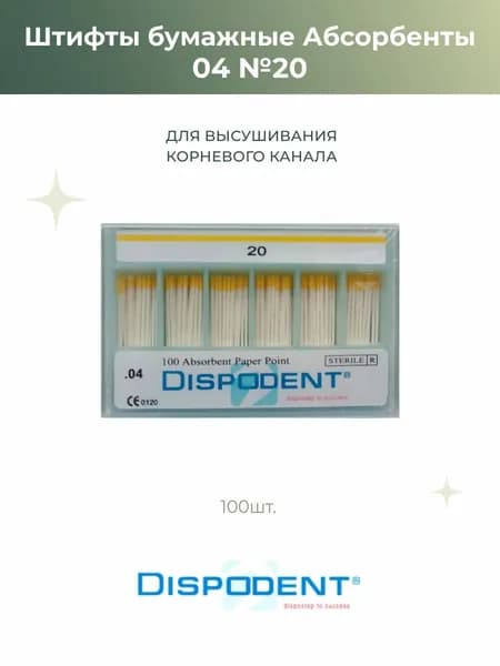 Штифты эндоканальные абсорбирующиеся бумажные Dispodent 04 №20, 100шт