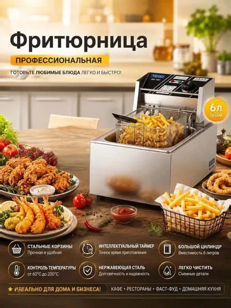 Фритюрница Со Съемной Чашей 6л, Фритюрница Профессиональная Для Кафе, Ресторана, Электрофритюрница, 2.5кВт