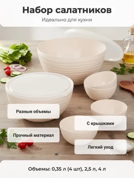 Набор салатников 0,35 л х 4 шт, 2,5 л и 4 л бежевый