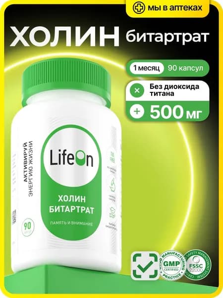 Холин битартрат 500 мг, для мозга и концентрации, витамин В4, 90 капсул