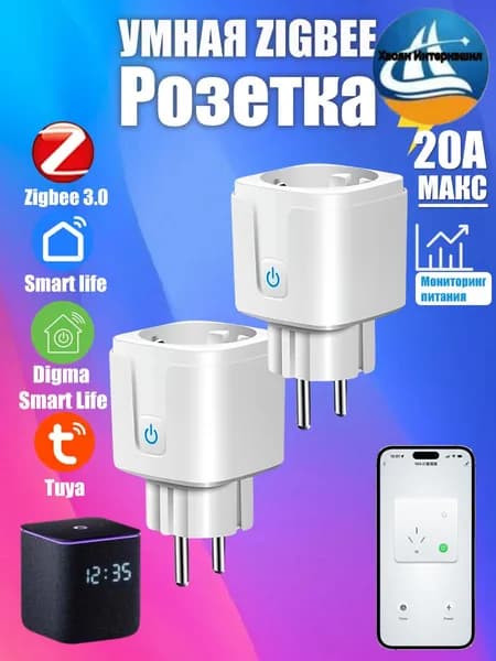 2шт Умная розетка ZigBee 3.0 EU 20A с Алисой, таймер и мониторинг