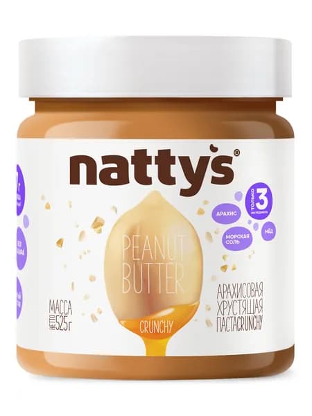 Nattys Арахисовая паста без сахара хрустящая с кусочками арахиса, 525 гр