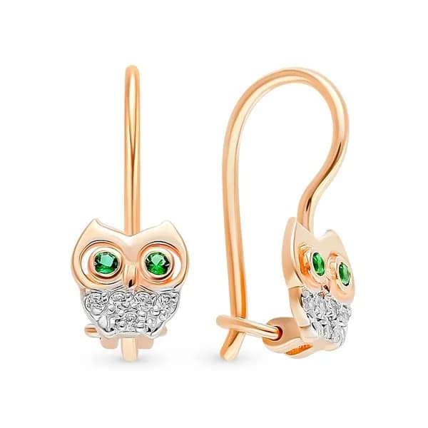 Серьги Сова детские с фианитами из красного золота 585 пробы 585GOLD