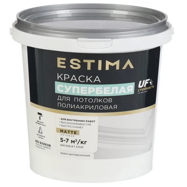 Estima, Краска матовая для потолка белая, без запаха, 1.5 кг