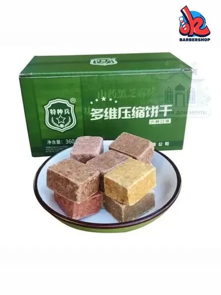 Прессованное печенье весом 360 грамм имеет 6 вкусов, питательно, утоляет голод и используется в экстренных случаях.