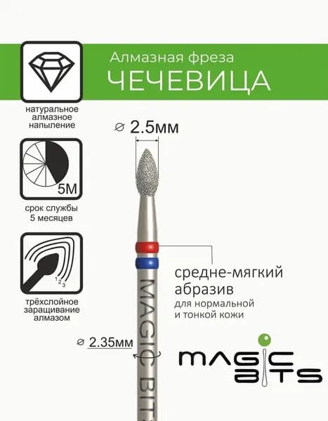 Magic Bits Фреза Алмазная чечевица 2.5 мм с натуральным напылением СРЕДНЕ-МЯГКОГО абразива