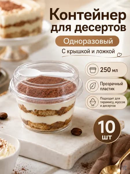 Десертный стаканчик с крышкой и ложкой, одноразовый, прозрачный, 10 шт.
