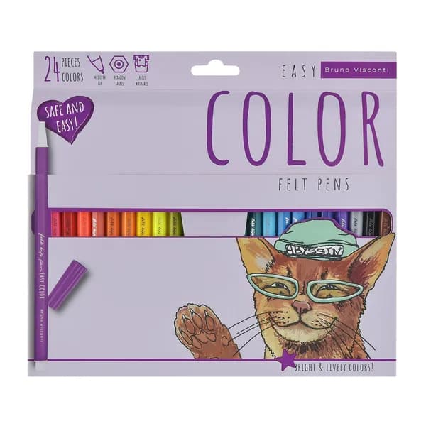 Фломастеры 24 цвета Bruno Visconti 6-гранные EasyColor вентилируемый колпачок, смываемые, картонная упаковка