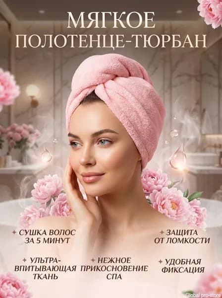 Шапка для бани из микрофибры, размер 60x25 см, для сушки волос после душа и сауны