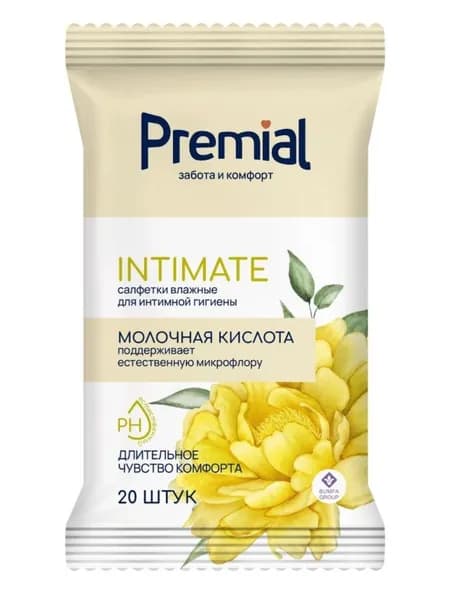 Premial Beauty Салфетки влажные для интимной гигиены, с молочной кислотой, женские, 20 штук в упаковке