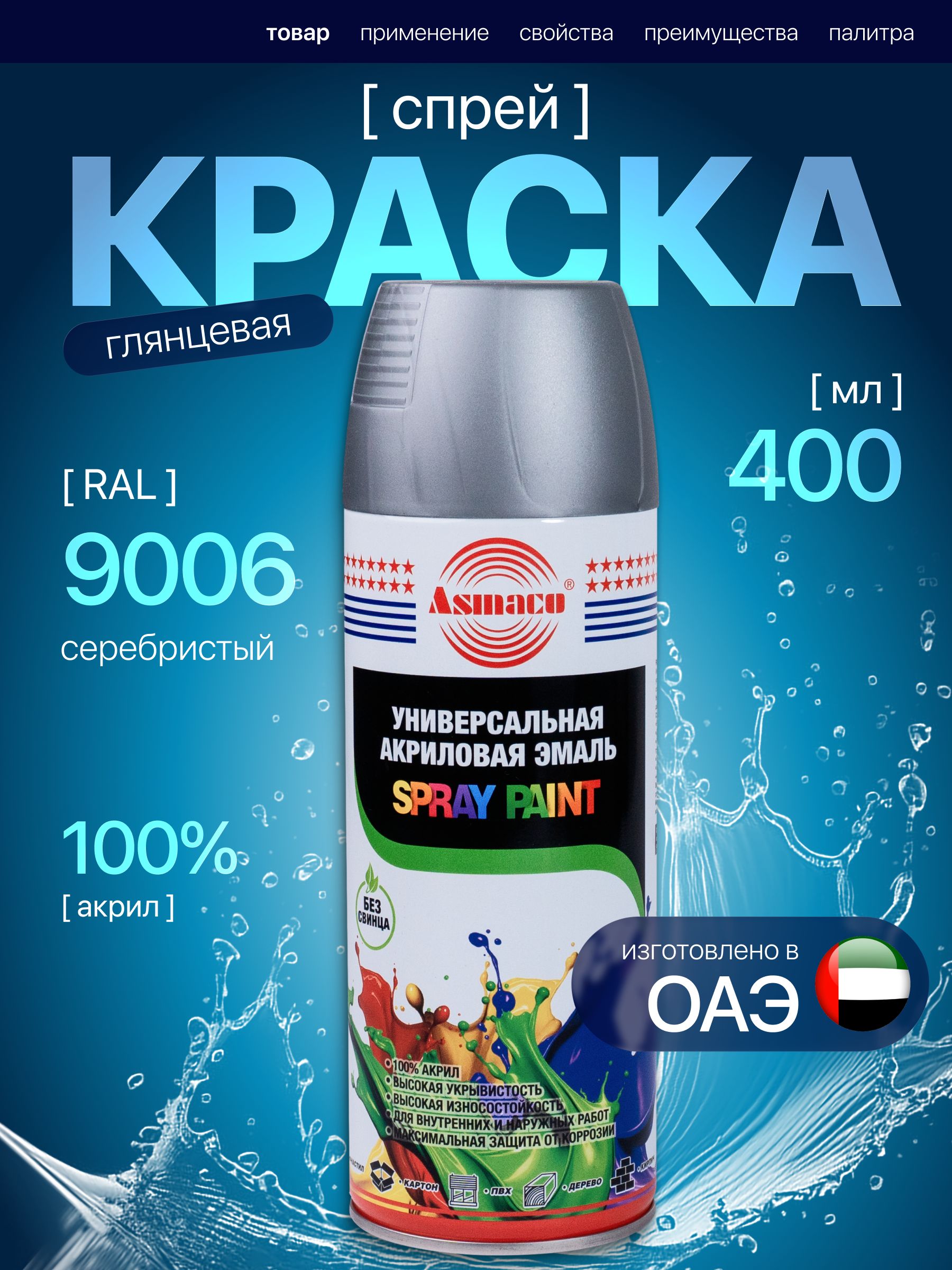 Краска автомобильная серебристый RAL 9006 Asmaco, автоэмаль аэрозоль 400 мл