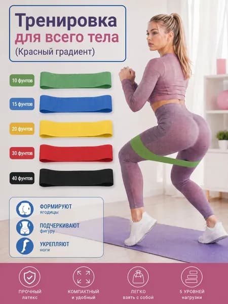 Резинка для фитнеса, набор 5 шт. Спортивный комплект эспандеров для спорта, йоги, пилатеса. Фитнес резинки цвет: разноцветный