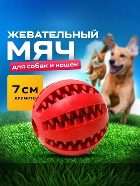 Мяч для собак красный 7 см/для чистки зубов /развивающая жевательная игрушка для мелких и средних пород