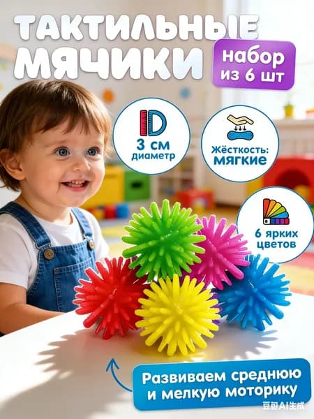 Яркие детские мячики для массажа, 2 см: 6 штук в наборе. Идеальны для развивающих игр и релаксации маленьких ручек.