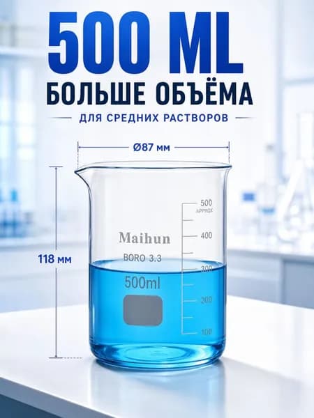 Стакан 500 мл (термостойкий, низкий с делениями и носиком, стеклянный)