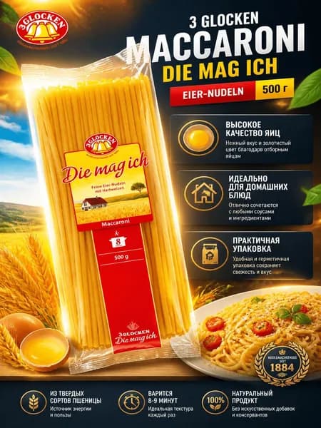 Макаронные изделия 3 Glocken Maccaroni Die Mag Ich Feine Eier-Nudeln, 500г