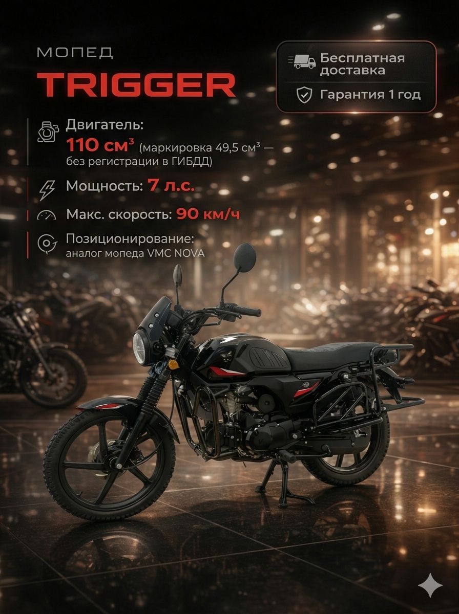 Мопед TRIGGER BLACK 110 см3 (49,9 см3), 7 л.с., механика 4 передачи, электростартер и кикстартер, для города, для села, для деревни, для взрослых бензиновый