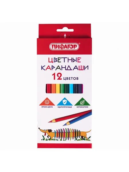 Набор цветных карандашей 12 шт Пифагор Веселая такса, шестигранные, натуральное дерево