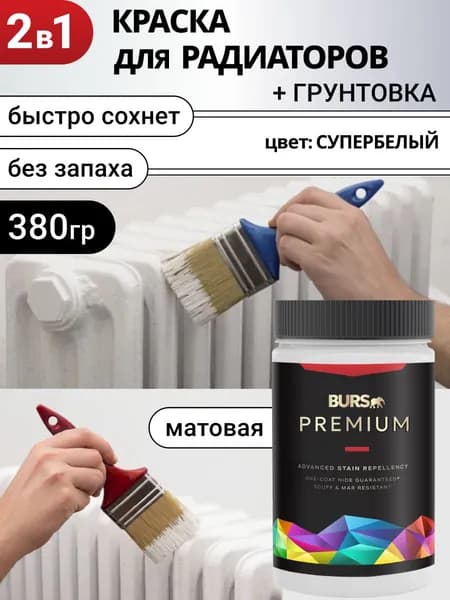 Краска для радиаторов для батарей отопления быстросохнущая без запаха, Супербелая, 380г