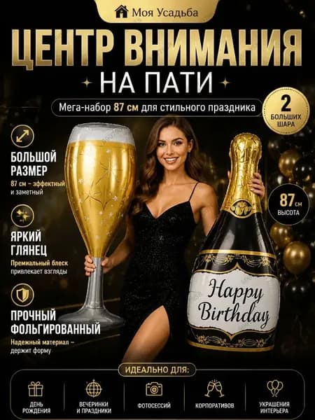 Воздушные шары на день рождения Бутылка шампанского и бокал,2шт