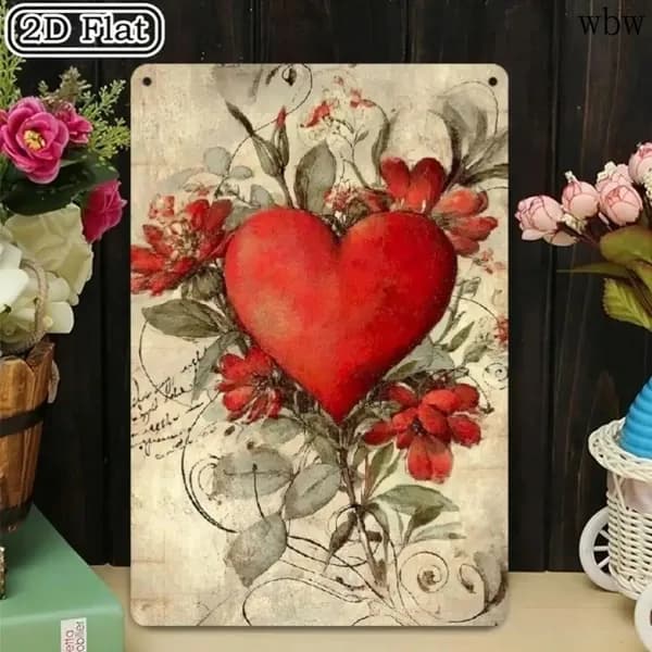 Металлическая плакатка красное сердце с цветами любовный винтаж декор 20x30cm