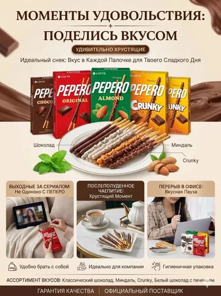 Хрустящие бисквитные палочки LOTTE Pepero в шоколадной глазури, ассорти популярных вкусов, импортный корейский десерт для перекуса к кофе и домашнего отдыха