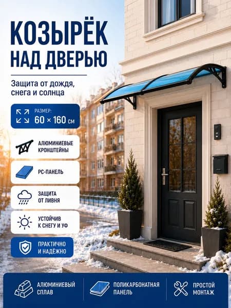 Навес-козырёк 60х160 см, алюминий + поликарбонат, защита от снега и ливня, для входа и окон, чёрный/синий