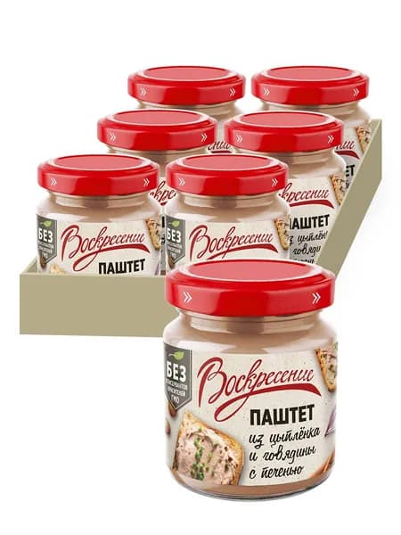 Паштет Воскресение из цыплёнка и говядины с печенью, 100 гр., 6 шт.