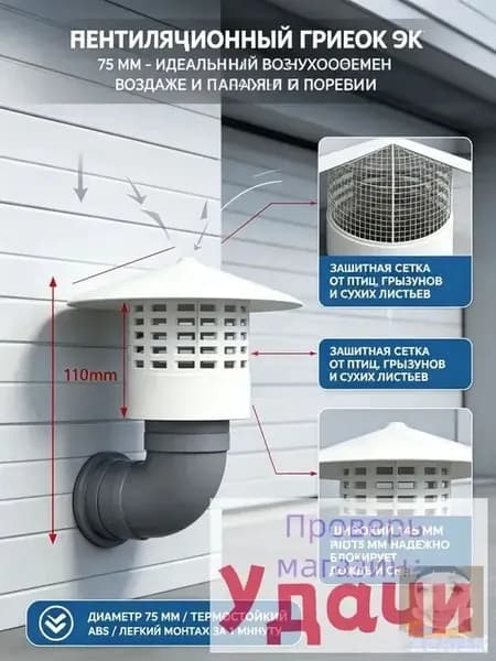 Вентиляционный грибок 75 мм пластиковый, зонт дефлектор для вентиляции гаража и погреба, оголовок кровельный для вытяжки и канализации, белый