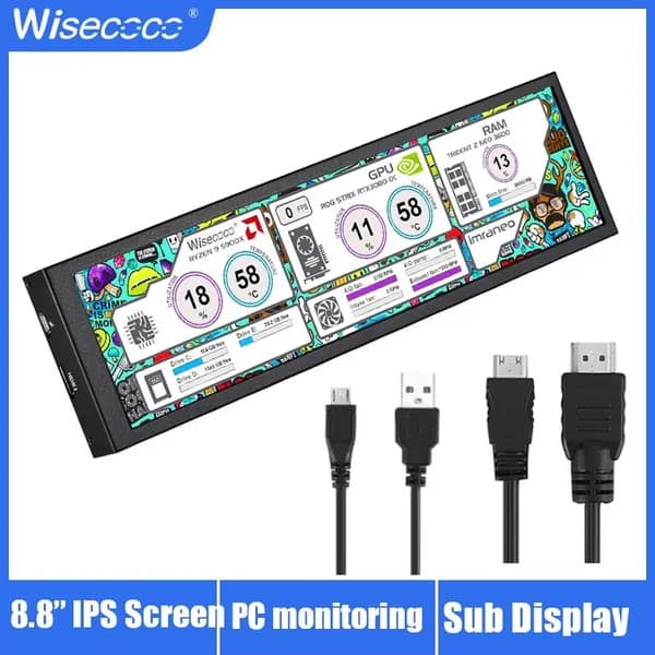 Wisecoco Пиксельный экран 8.8"монитор,Type-c+mini HDMI,1920*480 FHD, мониторинг температуры CPU/GPU (Windows, Aida64), светло-серый