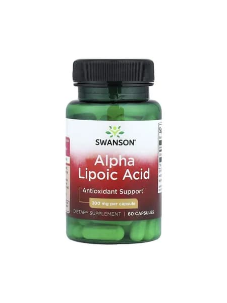 Альфа-липоевая кислота, 60 капсул Swanson, Alpha Lipoic Acid 300 mg, Улучшение здоровья кожи, омолаживающий эффект, ускорение метаболизма для похудения, для сердца и сосудов