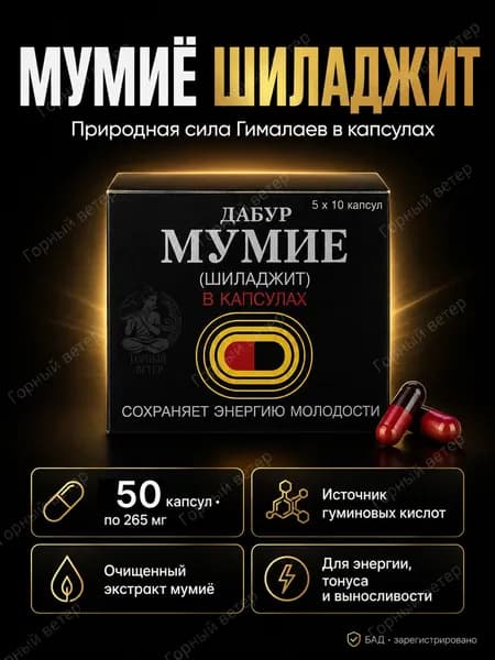 Мумиё Дабур Шиладжит для тонуса и энергии, капсулы 50 шт по 265 мг (Dabur Shilajit)
