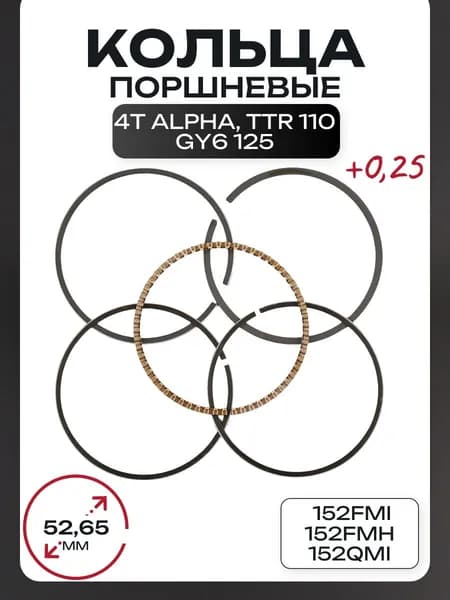Кольца поршневые 4T Alpha/TTR 110, GY6 125 52,65mm 152FMI, 152FMH, 152QMI +0,25
