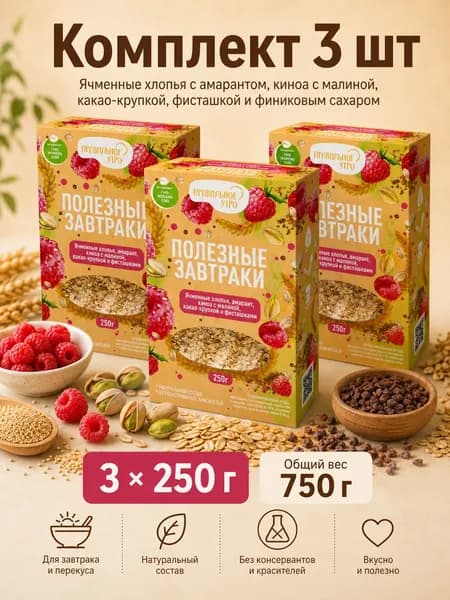 Готовый сухой завтрак Правильное утро 3 шт. по 250 грамм. Ячменные хлопья, амарант, киноа с малиной, какао-крупкой, фисташки и финиковым сахаром