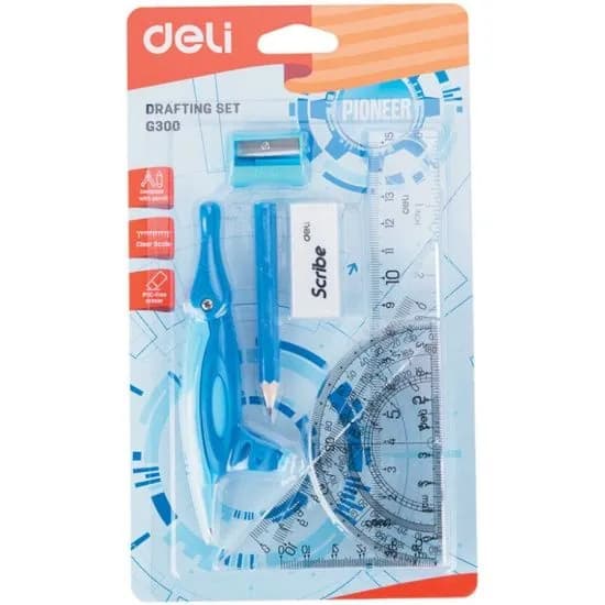 Набор для черчения Deli EG30001 пластик, в комплекте линейка, транспортир, 2 угольника, карандаш, ластик, точилка (EG30001)