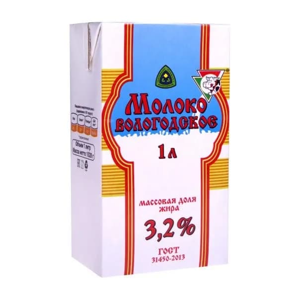 Молоко питьевое ультрапастеризованное "ВОЛОГОДСКОЕ" (УОМЗ) 3.2%, 1л * 6 шт.