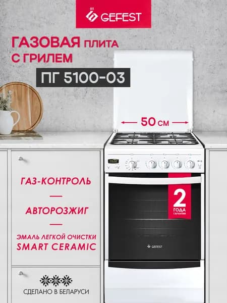 Газовая плита 4 конфорки с газовой духовкой, белая, 5100-03