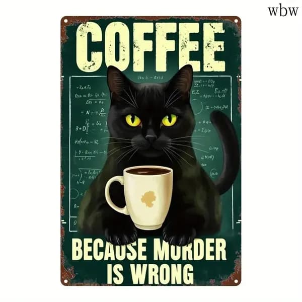Металлическая винтажная табличка "Coffee Because Murder Is Wrong" с черной кошкой декор для кухни подарок