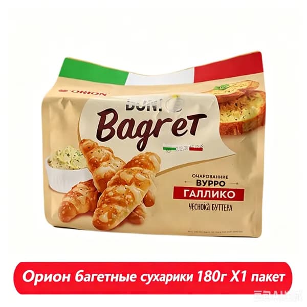 Хлебные сухарики Orion вьетнамского багета с чесноком и сливочным маслом, офисный повседневный снек, солёно-сладкие, хрустящие, 180 г, 1 штука.