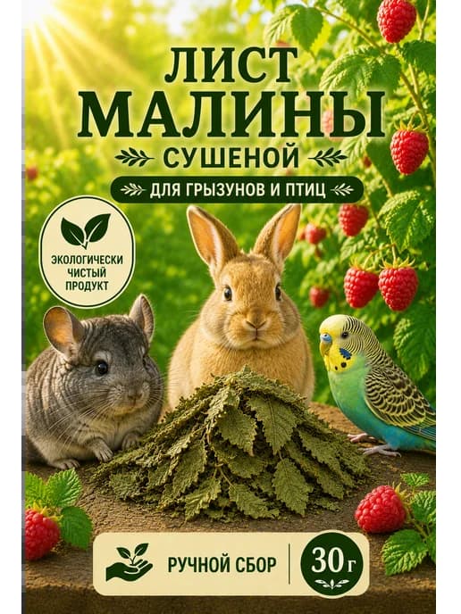 Лист малины сушеной для грызунов и птиц